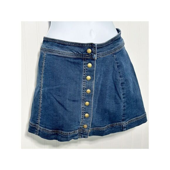 Free People Womens Denim Button Front A-Line Mini Stretch Jean Skirt Blue Size 0 - Picture 8 of 8
